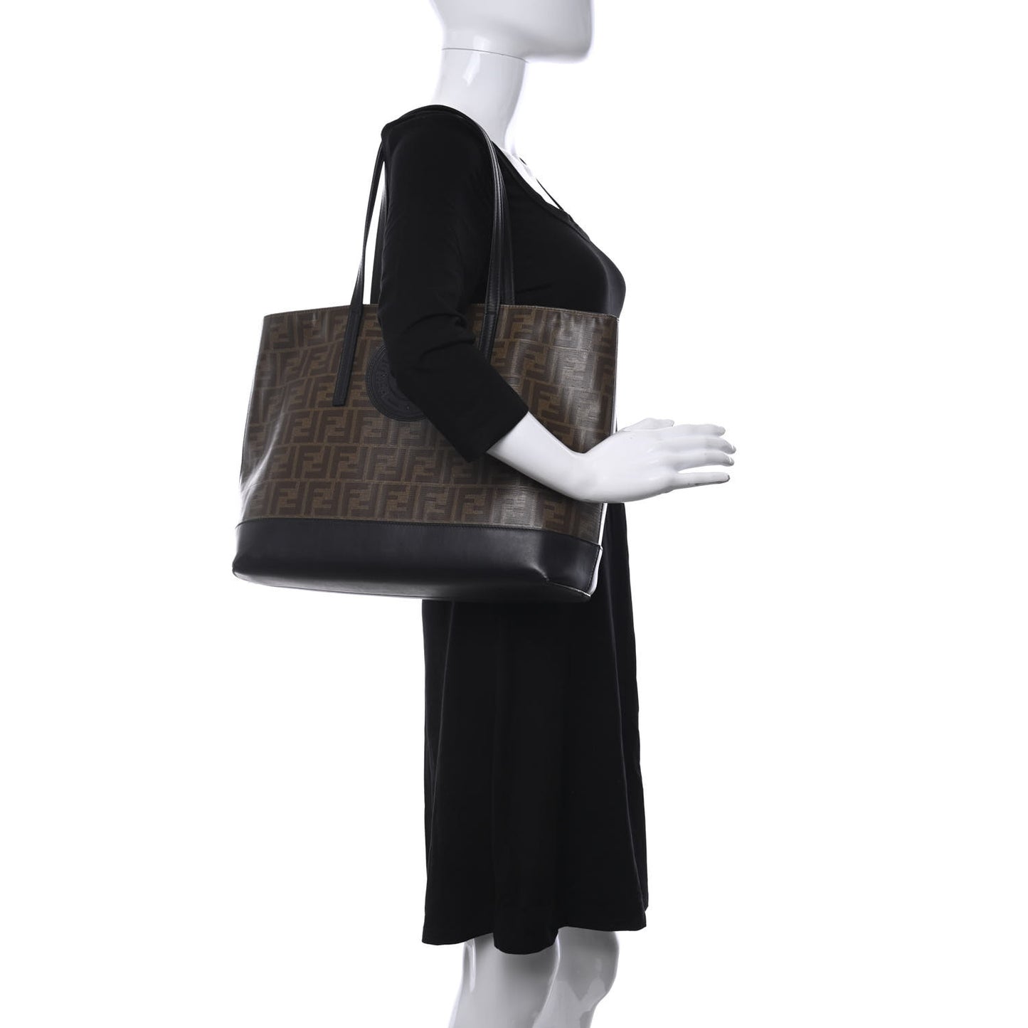 Glazed Fabric Vitello Century FF 1974 Stamp Patch Shopping Tote Mogano Panna Black