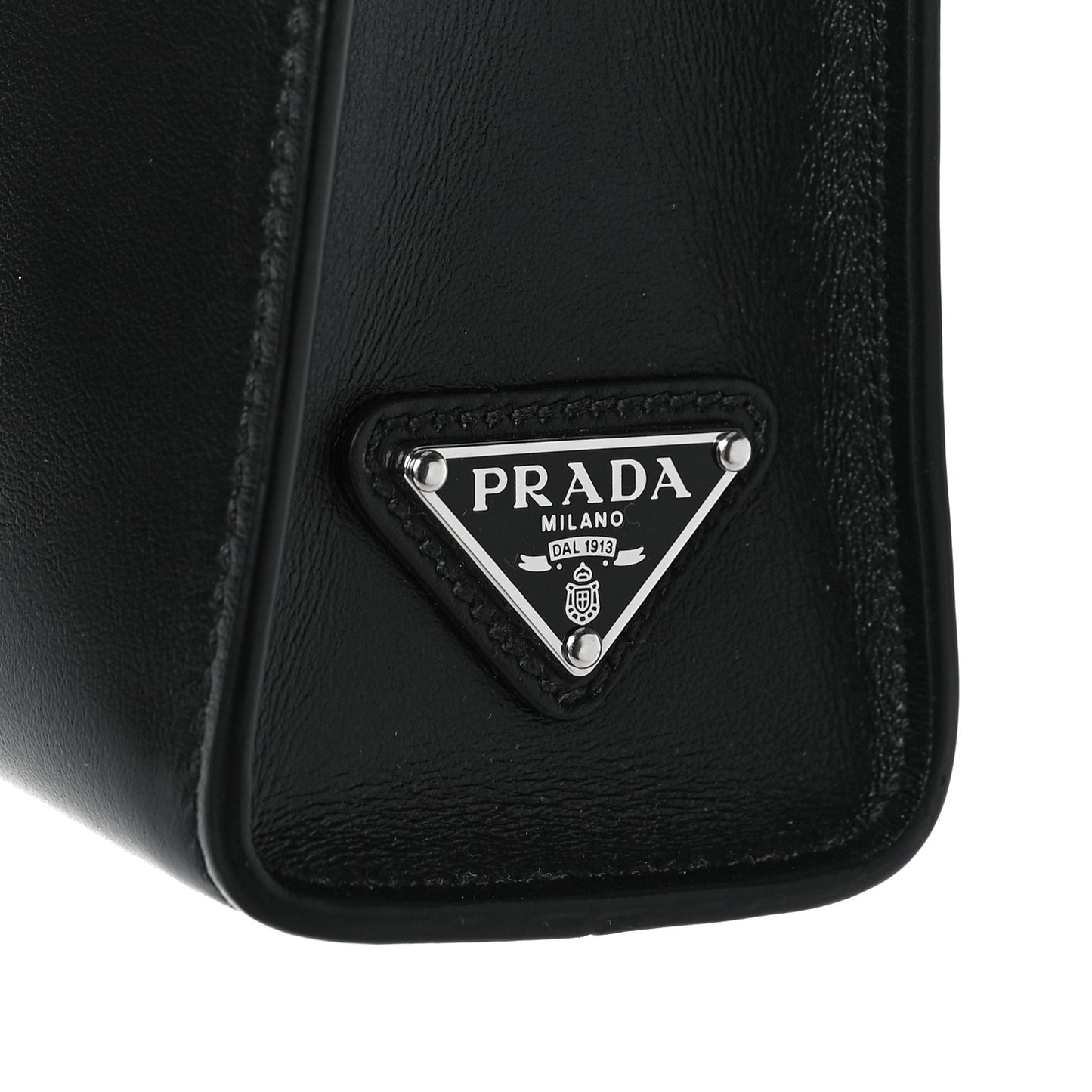 Soft Calfskin Triangle Logo Embossed Small Double Handle Crossbody Tote Black