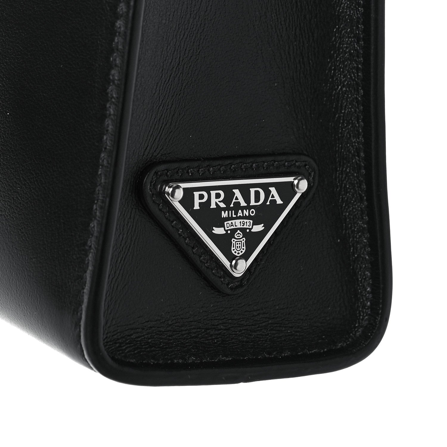 Prada Soft Calfskin Triangle Logo Embossed Small Double Handle Crossbody Tote Black 7 of 9