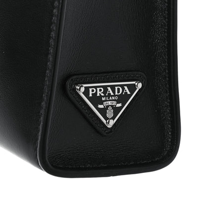 Prada Soft Calfskin Triangle Logo Embossed Small Double Handle Crossbody Tote Black 7 of 9