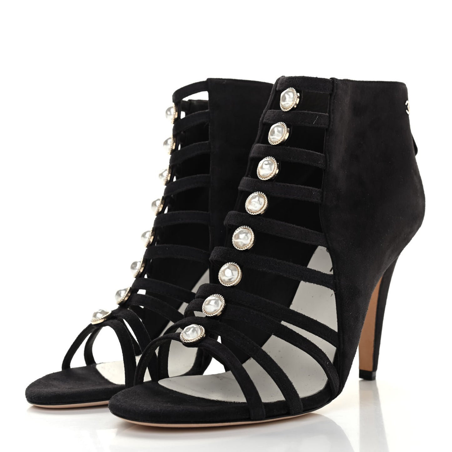 Suede Pearl Open Toe Caged Ankle Boots 39.5 Dark Grey