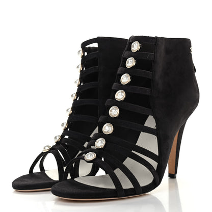 Chanel Suede Pearl Open Toe Caged Ankle Boots 39.5 Dark Grey 3 of 9