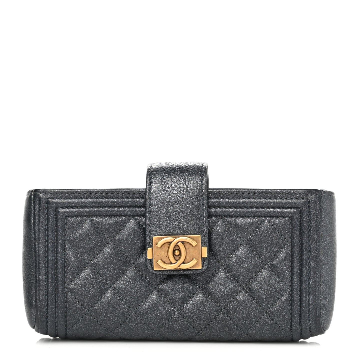 Metallic Calfskin Quilted Mini Boy Phone Holder Clutch Grey