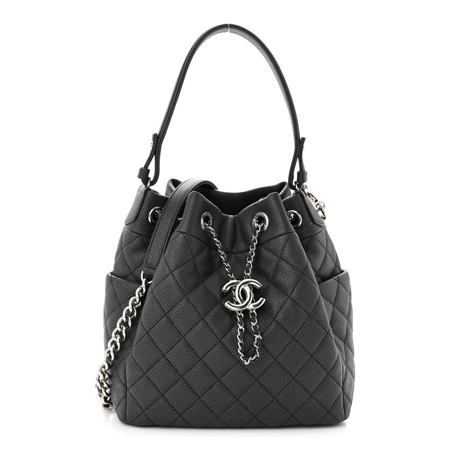 Caviar Flat Quilted CC Chain Bucket Drawstring Bag Black