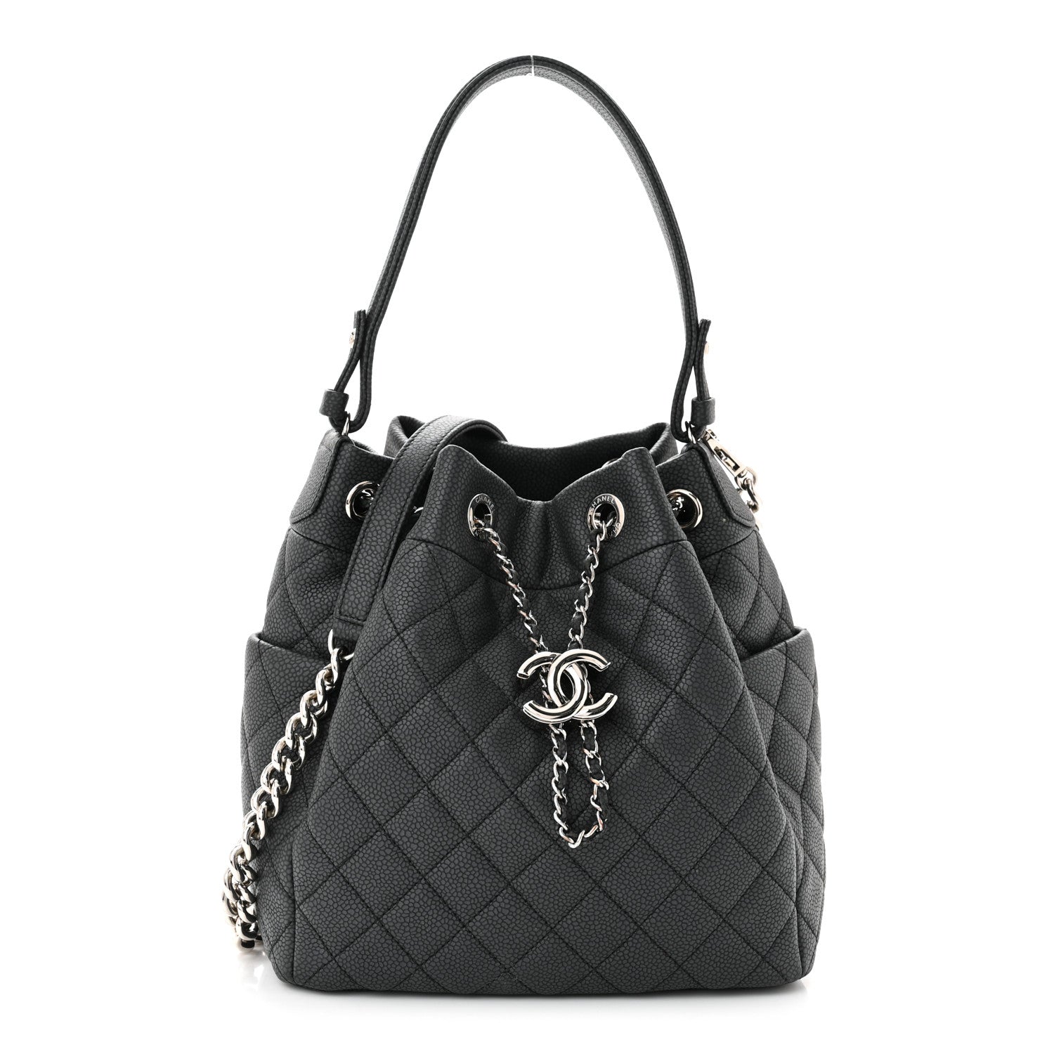 Chanel Caviar Flat Quilted CC Chain Bucket Drawstring Bag Black 1 of 11