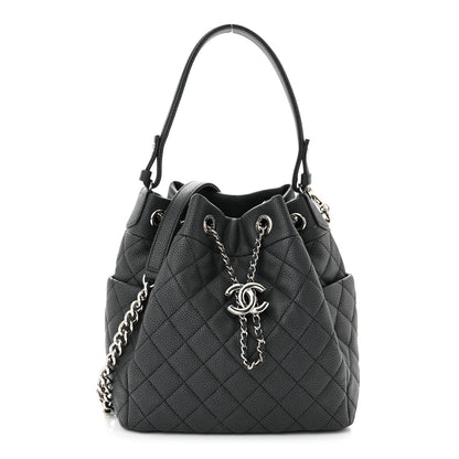 Chanel Caviar Flat Quilted CC Chain Bucket Drawstring Bag Black 1 of 11