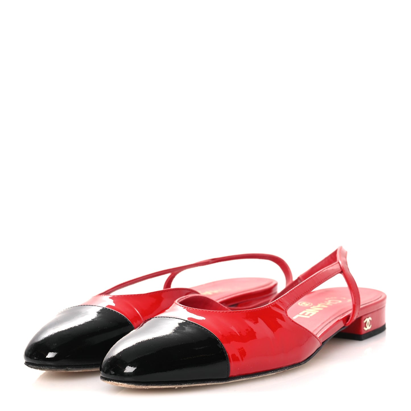 Patent Calfskin Cap Toe CC Slingback Flats 39 Red Black