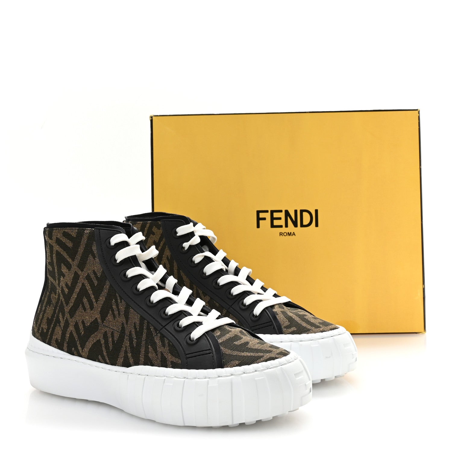 Fendi X SARAH COLEMAN Fabric Jacquard FF Vertigo Mens Fendi Force High Top Sneakers 8 Tobacco Black 9 of 9