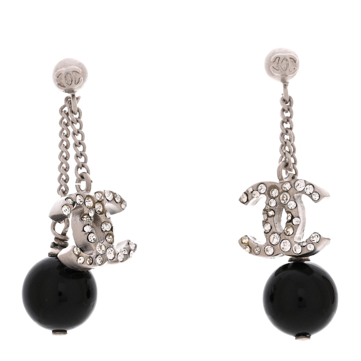 Crystal CC Bead Drop Earrings Silver Black