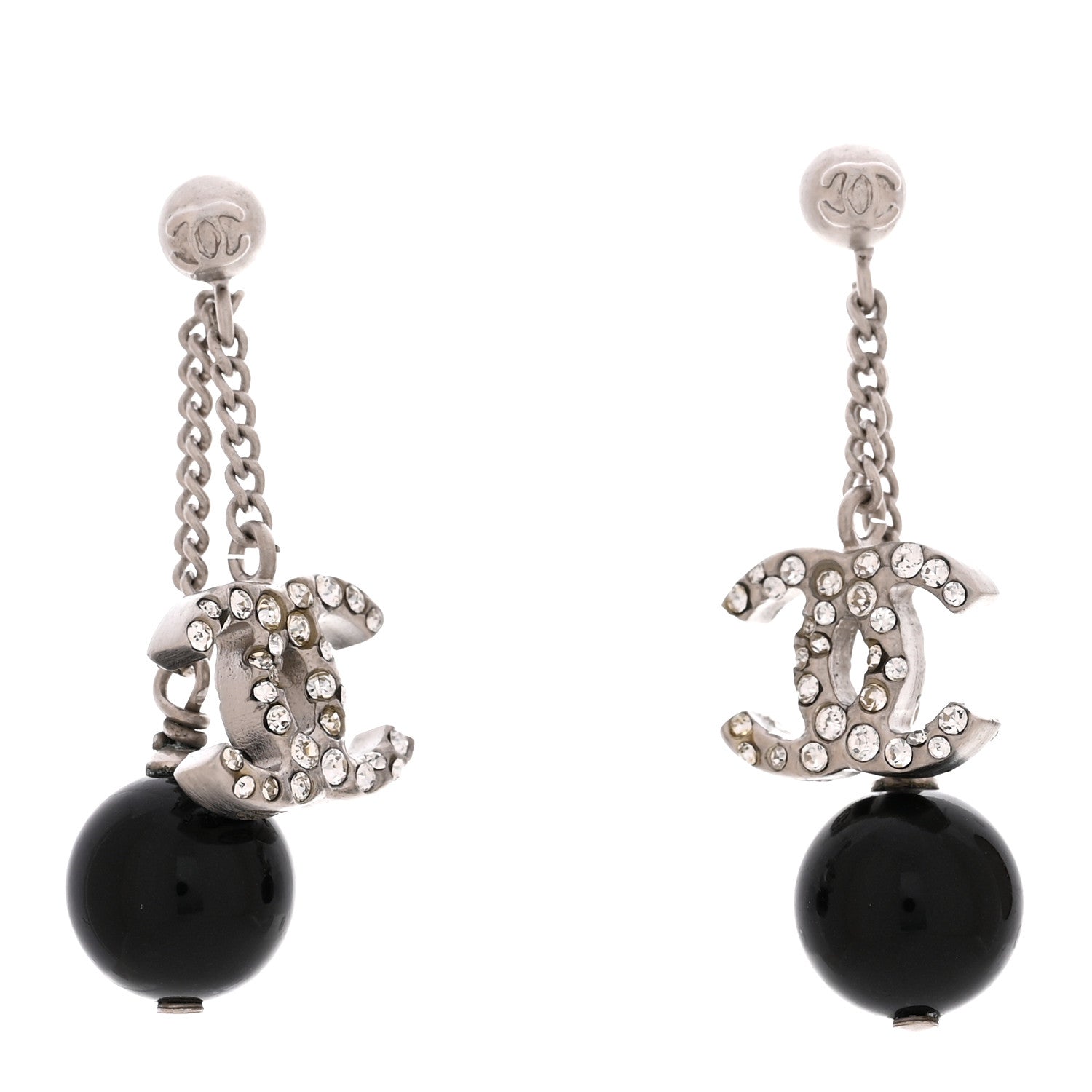 Chanel Crystal CC Bead Drop Earrings Silver Black 1 of 5