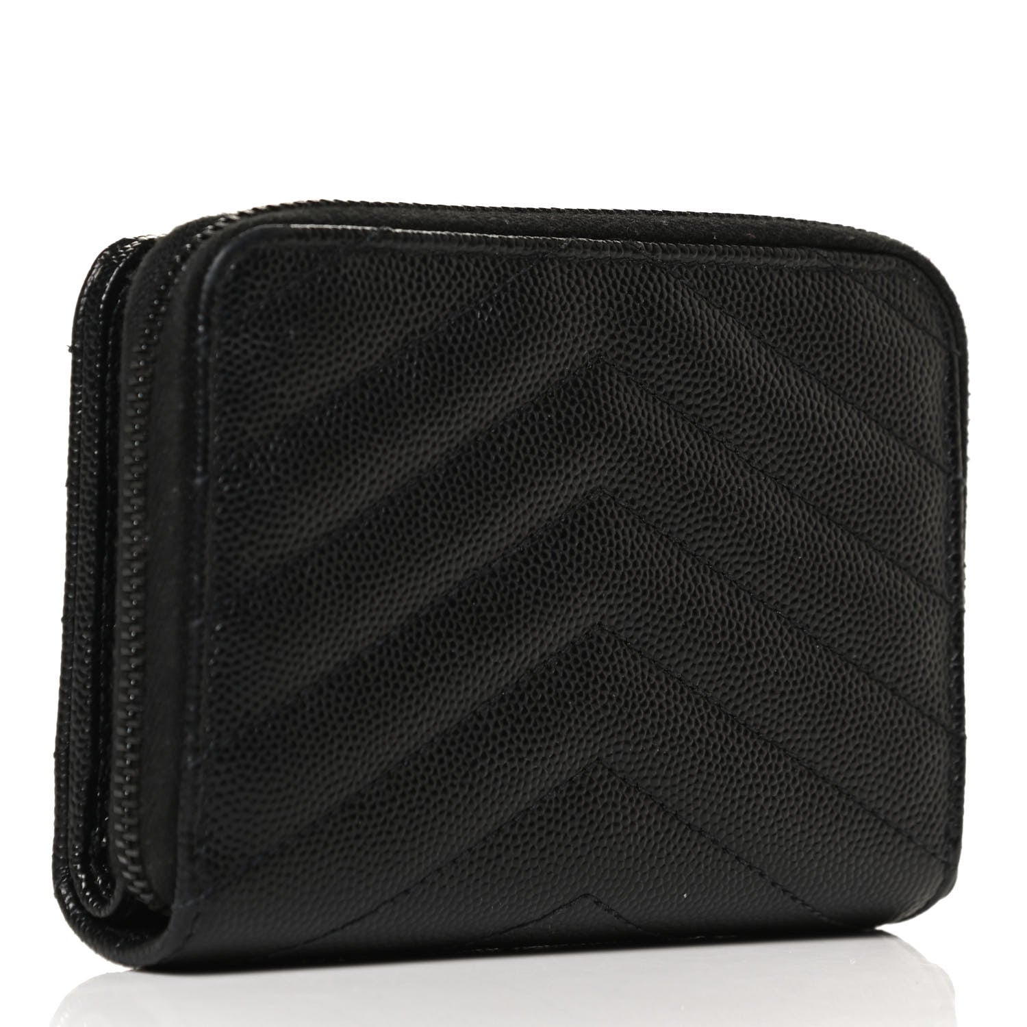 Saint Laurent Grain De Poudre Matelasse Chevron Monogram Monochrome Compact Zip Around Wallet Black 3 of 13