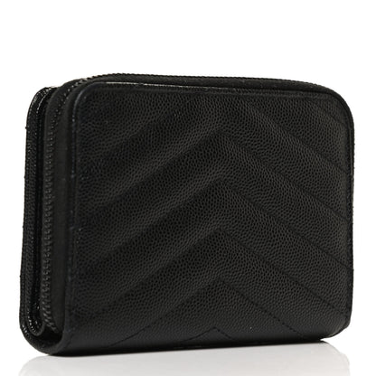 Saint Laurent Grain De Poudre Matelasse Chevron Monogram Monochrome Compact Zip Around Wallet Black 3 of 13