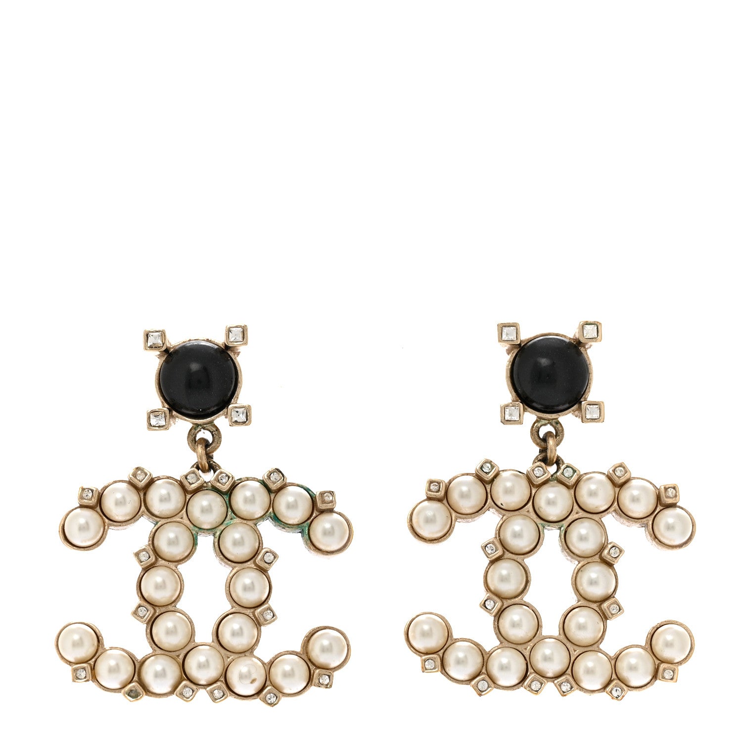 Chanel Resin Crystal Pearl CC Drop Earrings Black Gold 1 of 5