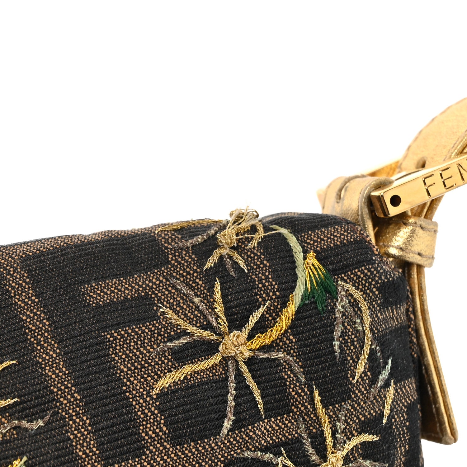 Fendi Zucca Floral Embroidered Baguette Tobacco Gold 14 of 14