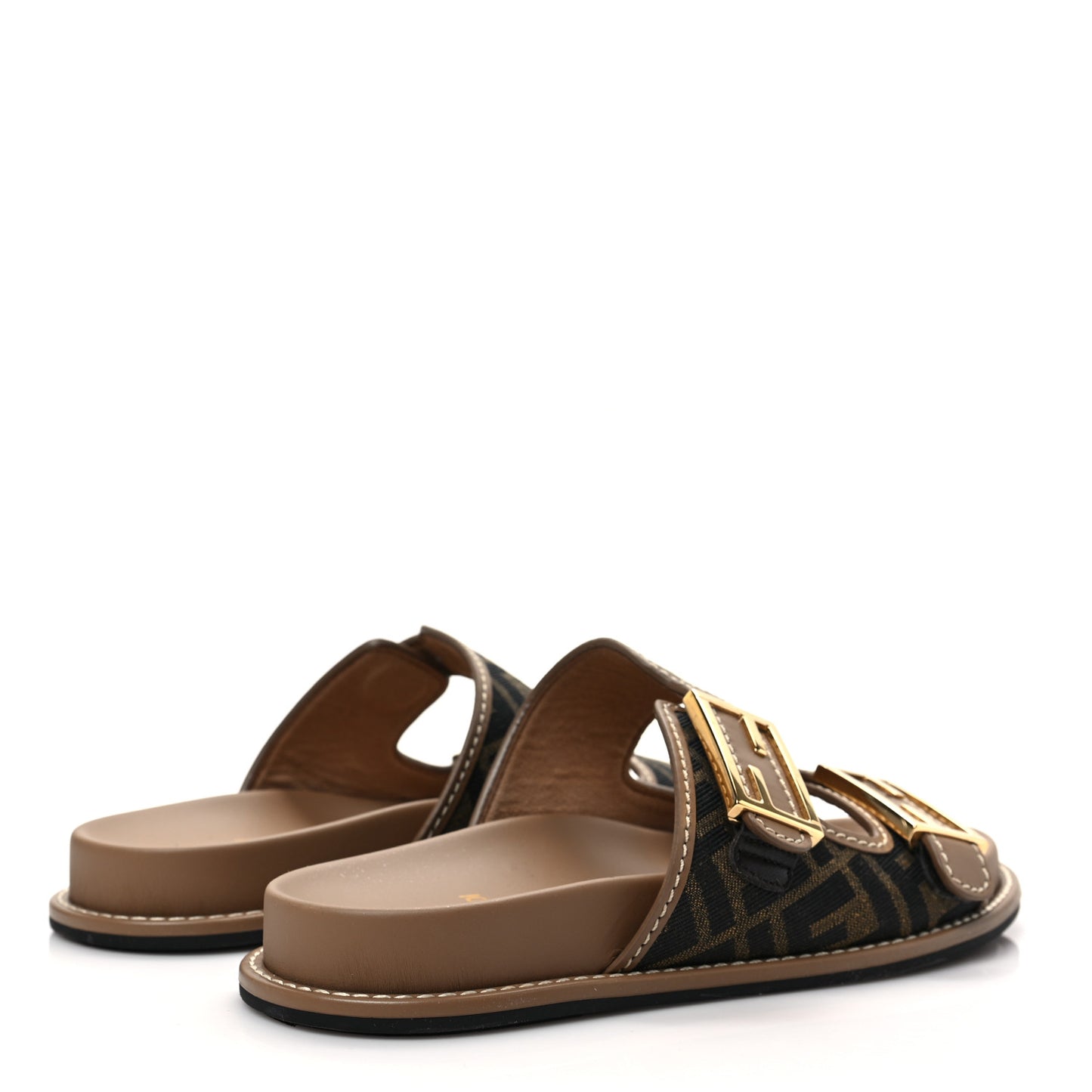Fabric Jacquard Nappa FF Womens Fendi Feel Buckled Slide Sandals 38.5 Tobacco Black Miele Scuro