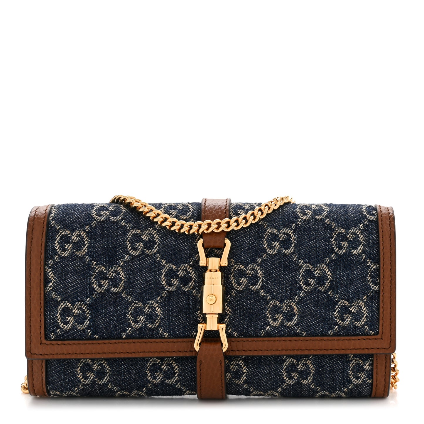 New Denim GG Monogram Jackie 1961 Chain Wallet Blue Tea Cuir