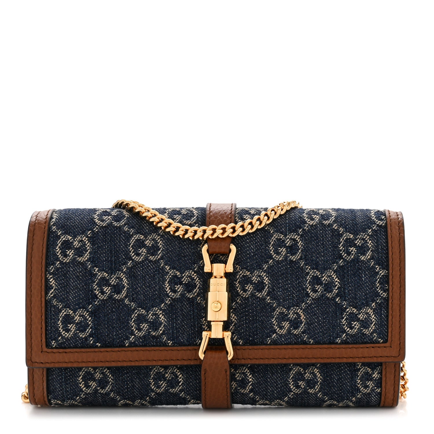 Gucci New Denim GG Monogram Jackie 1961 Chain Wallet Blue Tea Cuir 1 of 11