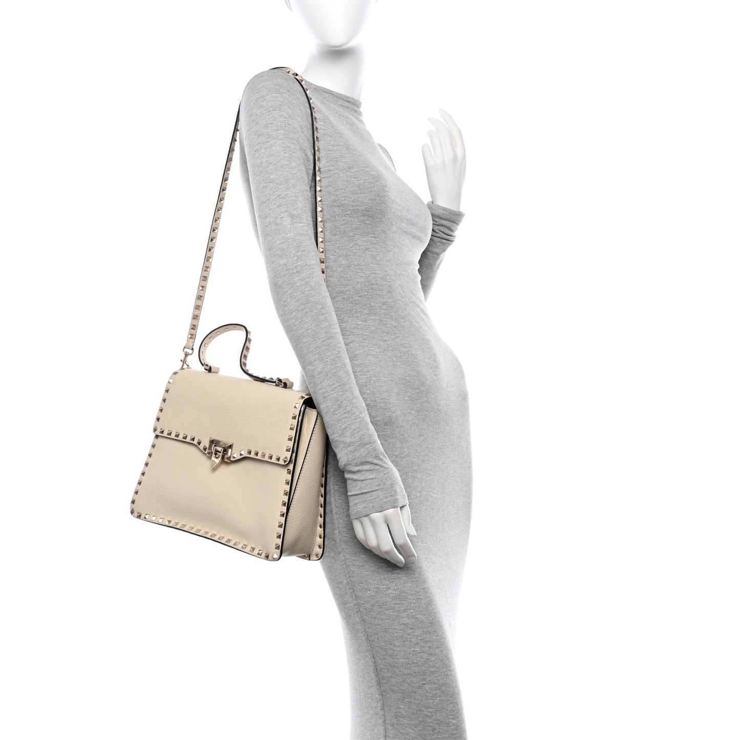 Grained Calfskin Rockstud Top Handle Flap Shoulder Bag Light Ivory