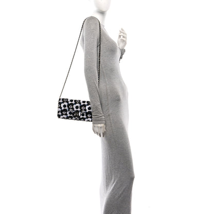 Chanel Satin Sequin Embellished Flower East West Flap Black White Blue 2 of 10