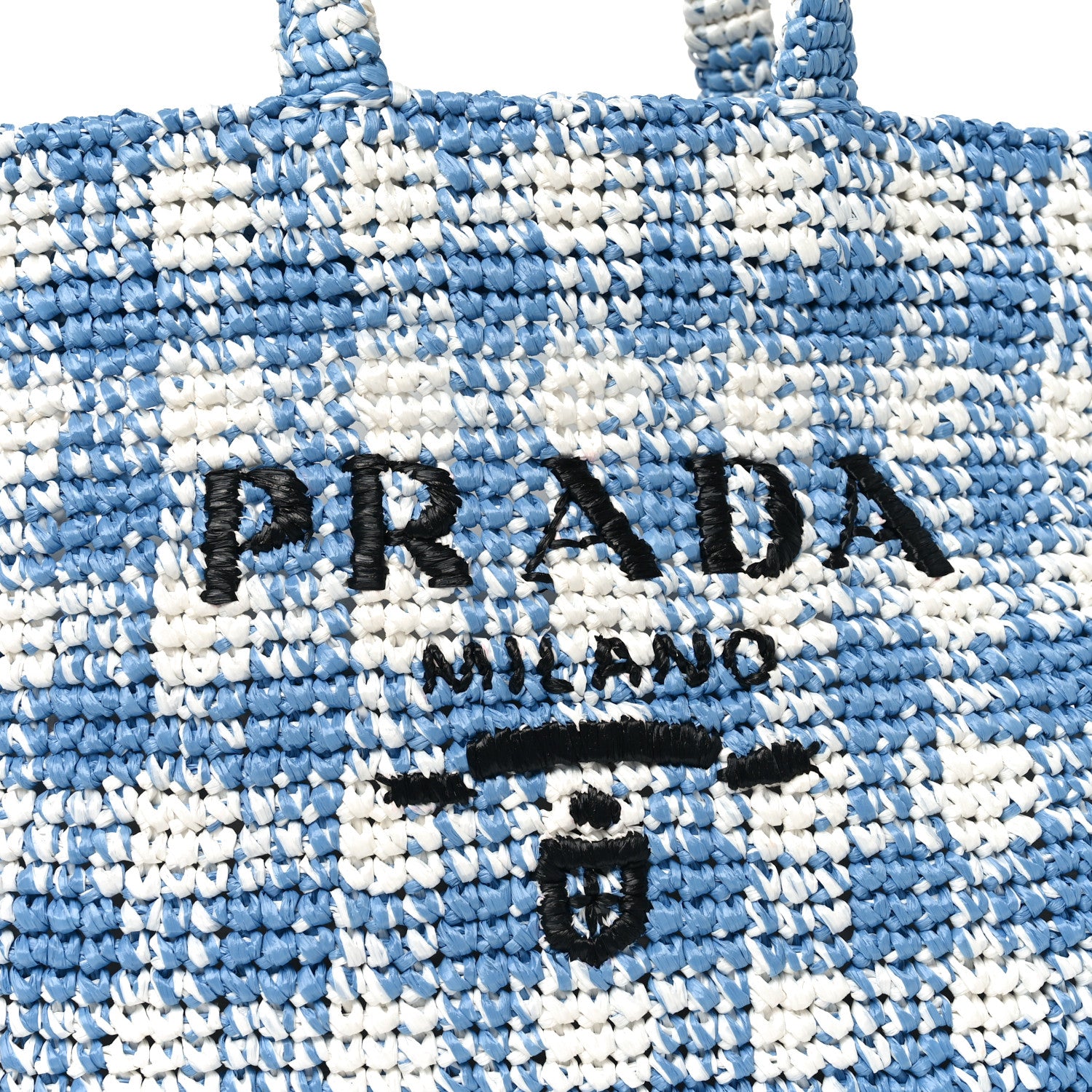 Prada Yarn Raffia Effect Crochet Embroidered Large Logo Tote Celeste 7 of 9
