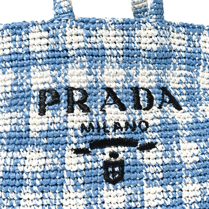Prada Yarn Raffia Effect Crochet Embroidered Large Logo Tote Celeste 7 of 9
