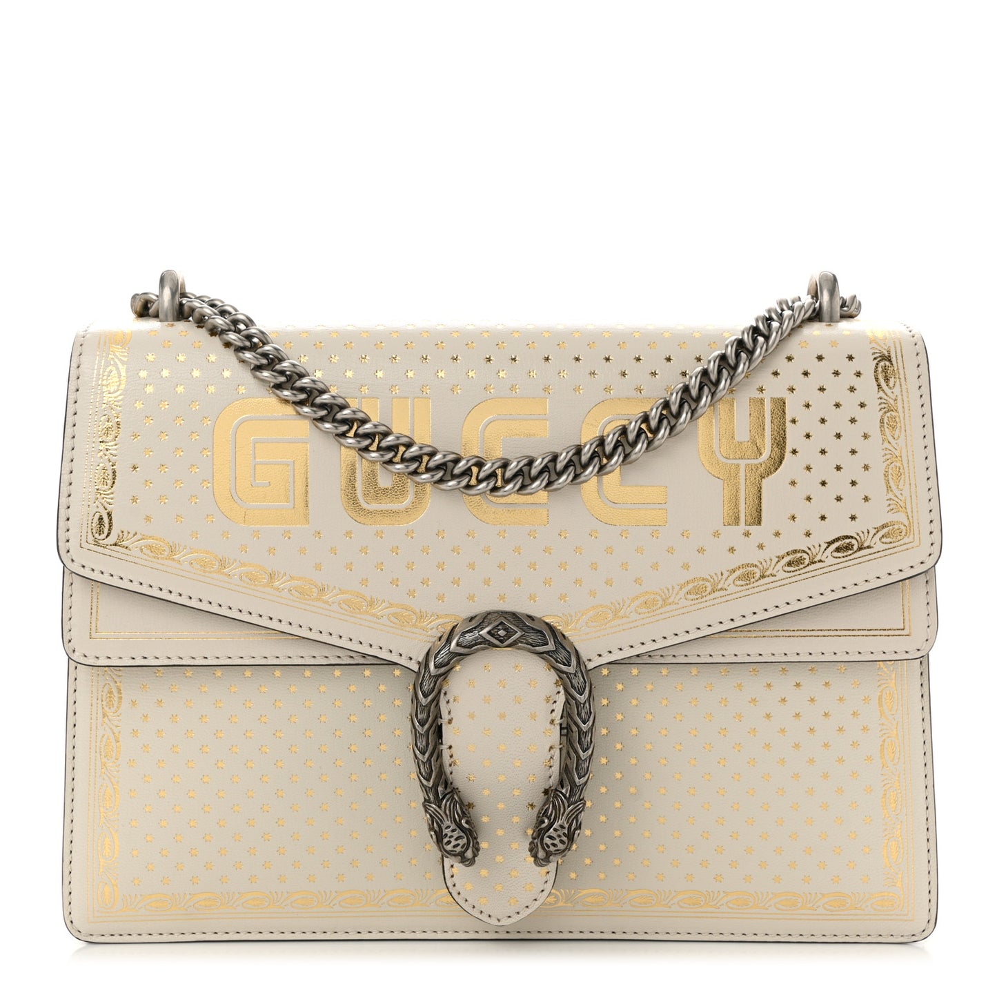 X SEGA Calfskin GUCCY Stars Medium Dionysus Shoulder Bag Mystic White Gold