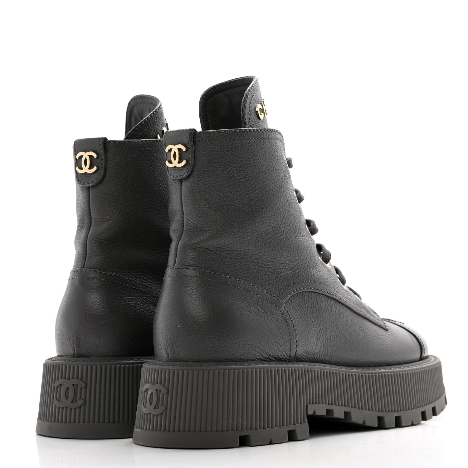 Chanel Grained Calfskin Shiny Calfskin CC Lace Up Combat Boots 38.5 Grey 4 of 11