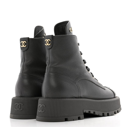 Chanel Grained Calfskin Shiny Calfskin CC Lace Up Combat Boots 38.5 Grey 4 of 11