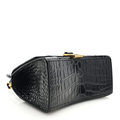 Balenciaga Shiny Calfskin Crocodile Embossed Small Hourglass Top Handle Bag Black 4 of 9