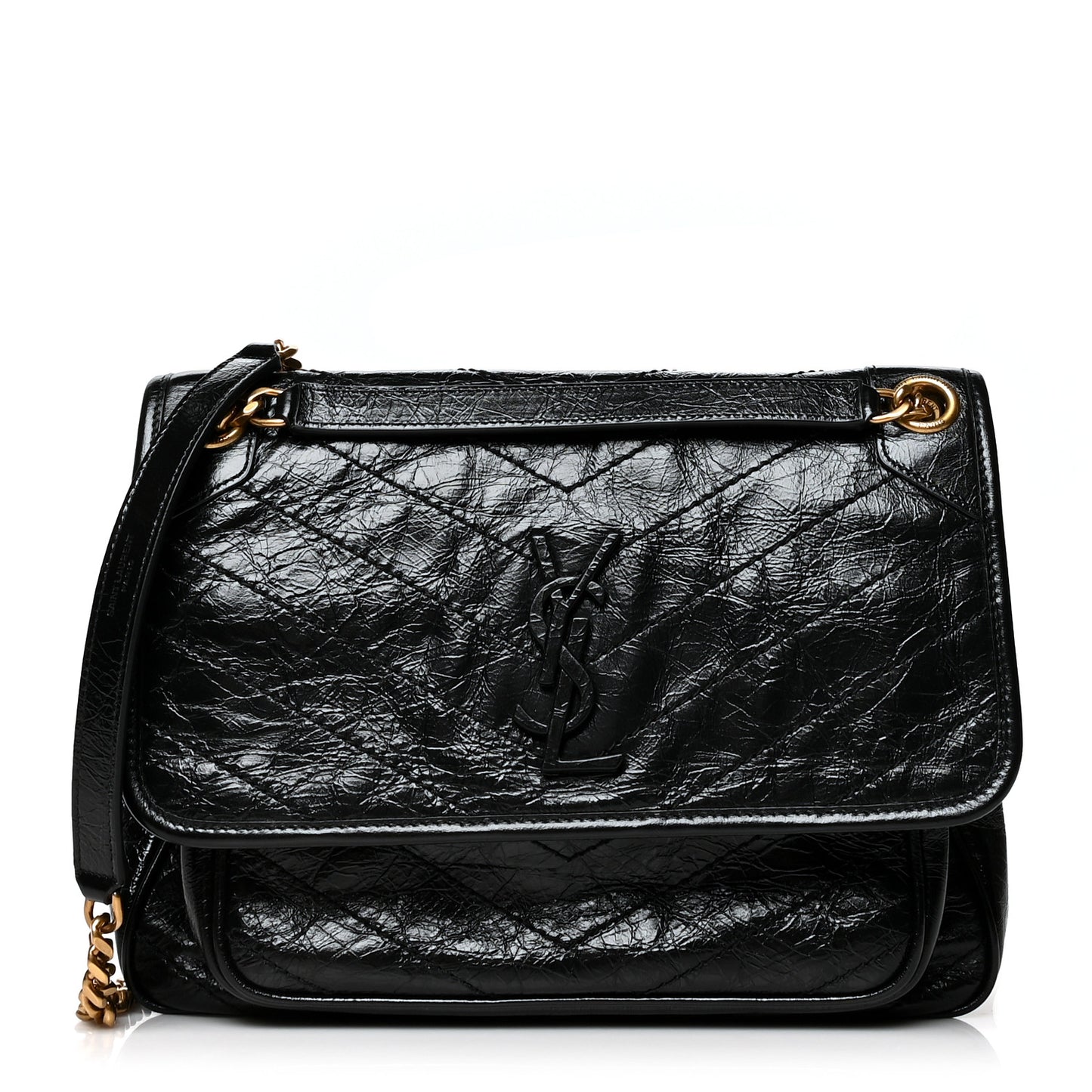 Crinkled Calfskin Matelasse Monogram Medium Niki Chain Satchel Black
