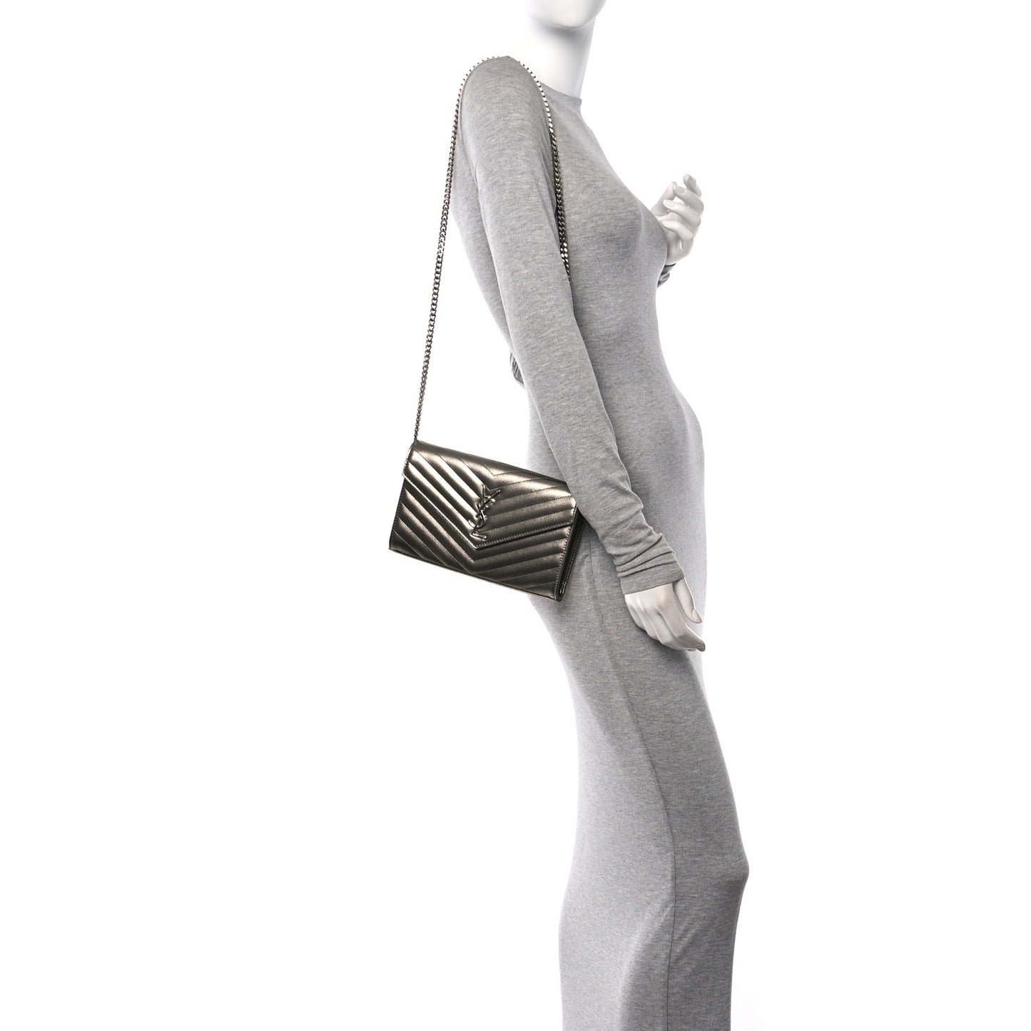 Metallic Grain De Poudre Matelasse Chevron Monogram Chain Wallet Piombo