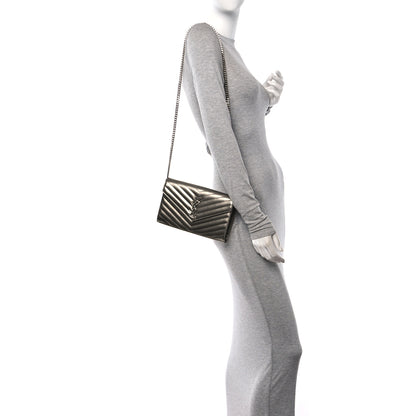 Saint Laurent Metallic Grain De Poudre Matelasse Chevron Monogram Chain Wallet Piombo 2 of 12