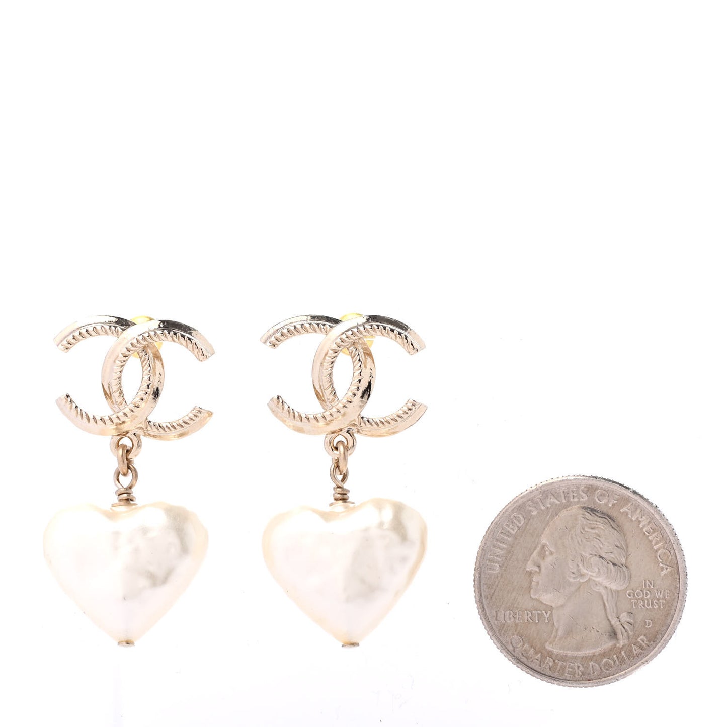 Pearl CC Heart Drop Earrings Gold