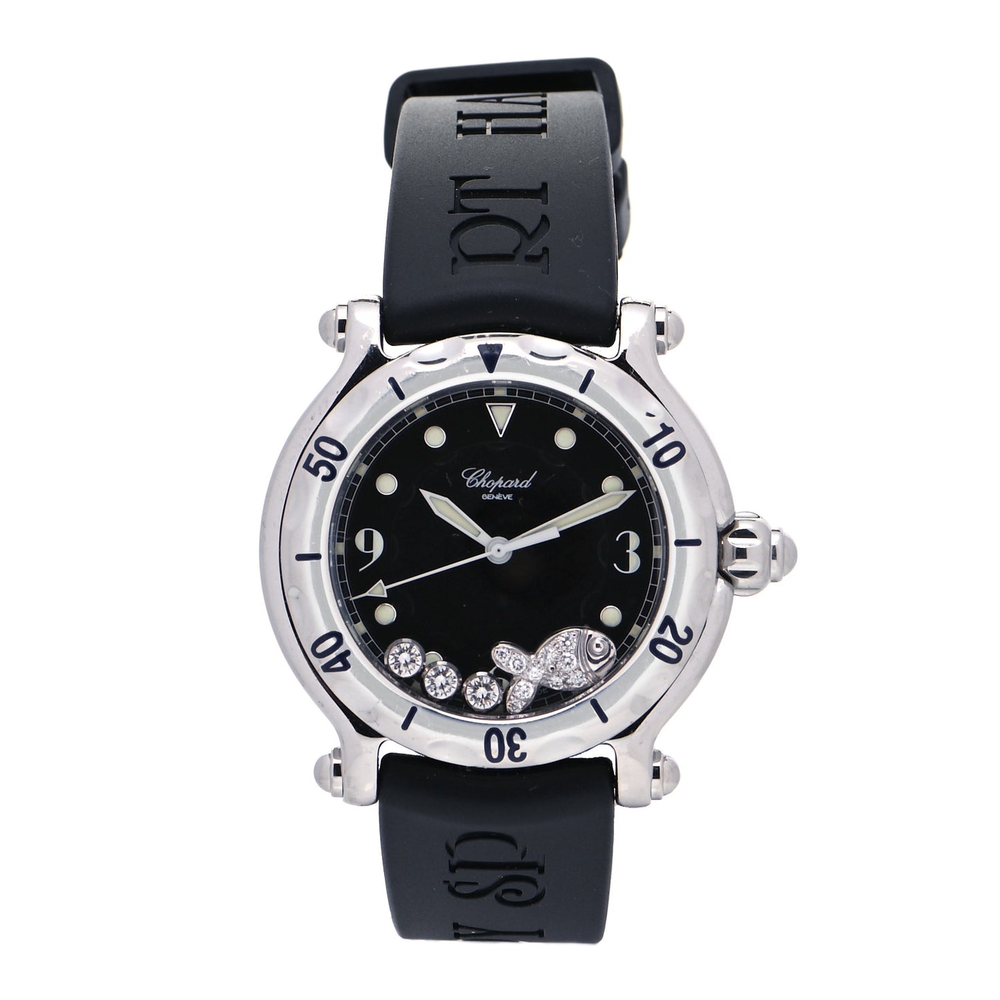 Stainless Steel Rubber Diamond 38mm Happy Sport Fish Quartz Watch Black