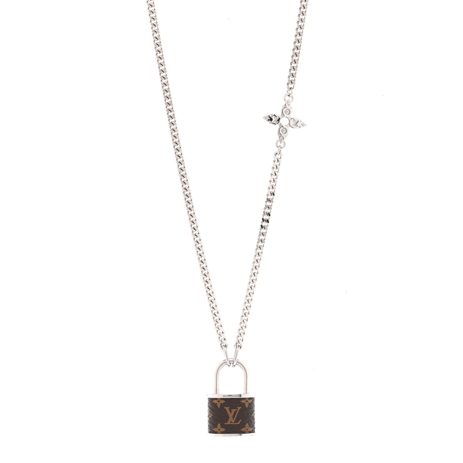 Louis Vuitton Monogram Lock Pendant Necklace Silver 1 of 6