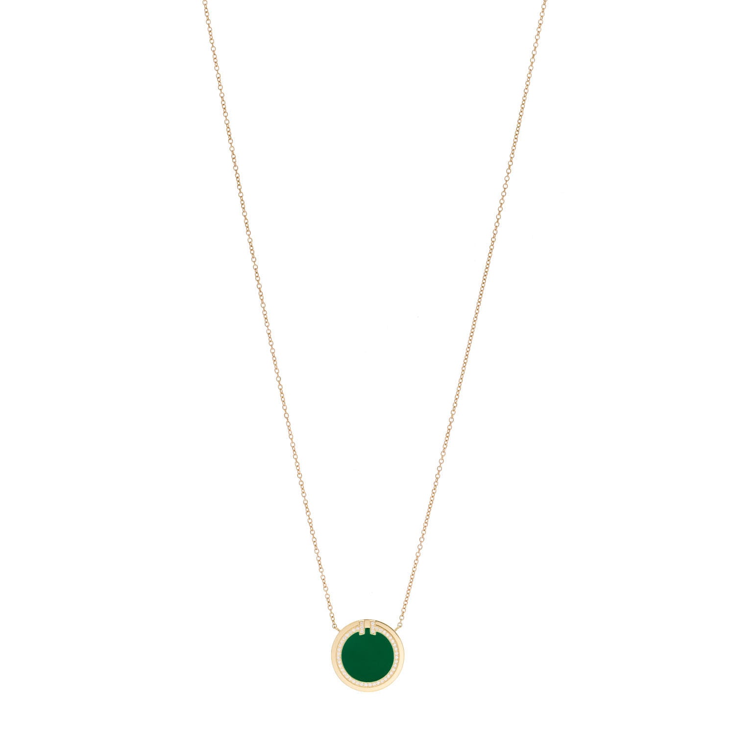Tiffany 18K Yellow Gold Diamond Green Agate T Circle Pendant Necklace 1 of 5