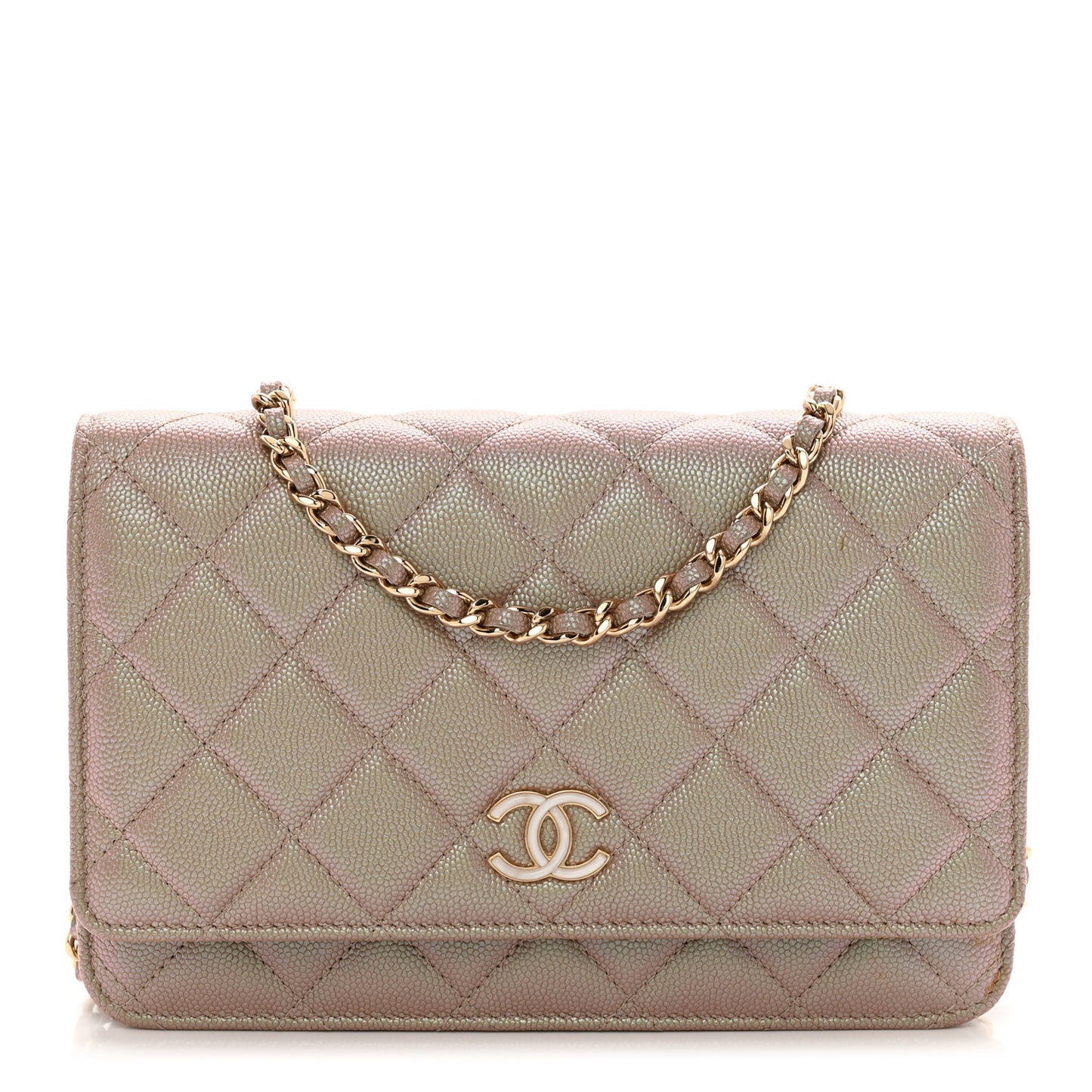 Iridescent Caviar Quilted Wallet On Chain WOC Beige