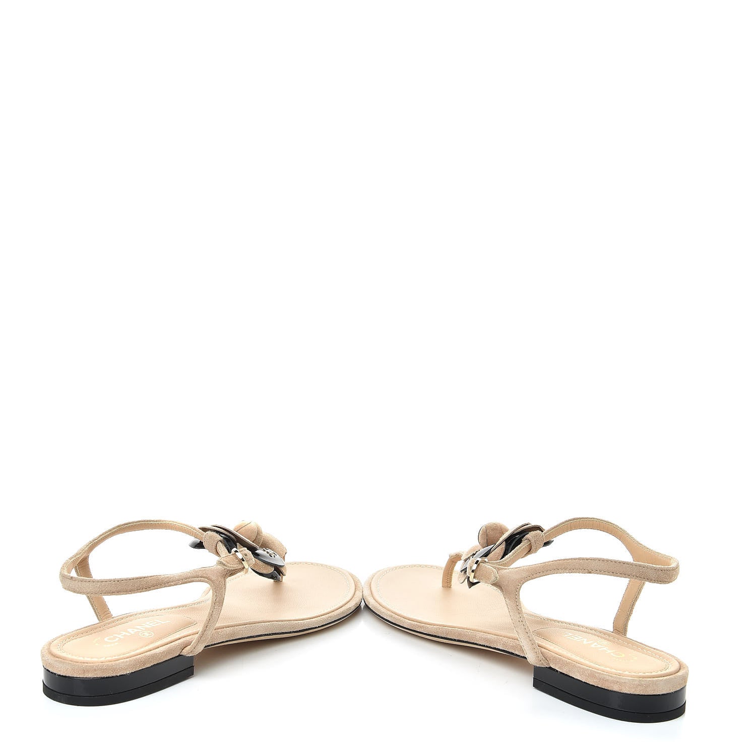 Chanel Suede Patent Calfskin Camellia Thong Sandals 37.5 Beige Black 6 of 11