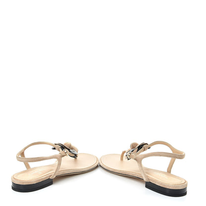 Chanel Suede Patent Calfskin Camellia Thong Sandals 37.5 Beige Black 6 of 11