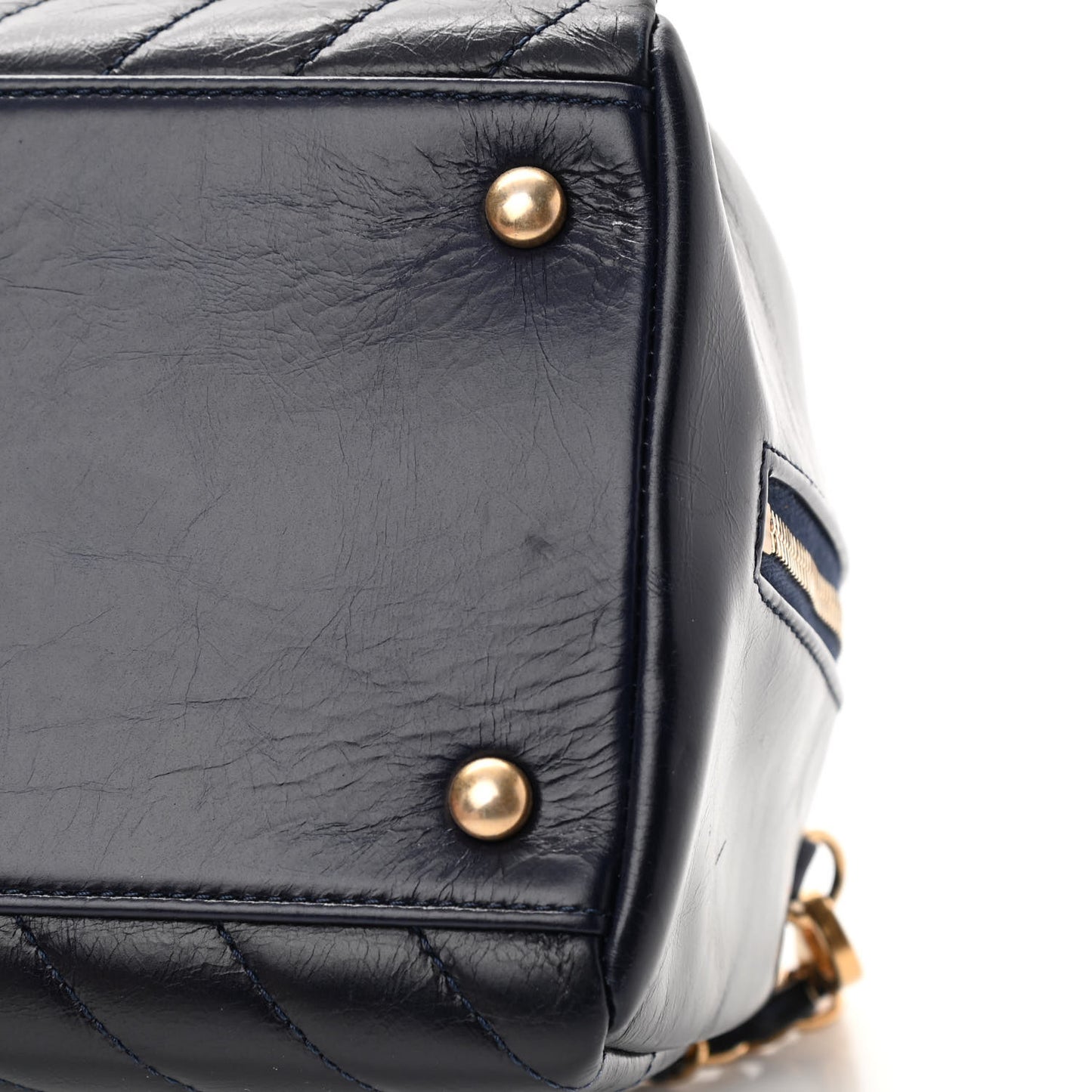 Glazed Calfskin Chevron Small Bowling Bag Navy