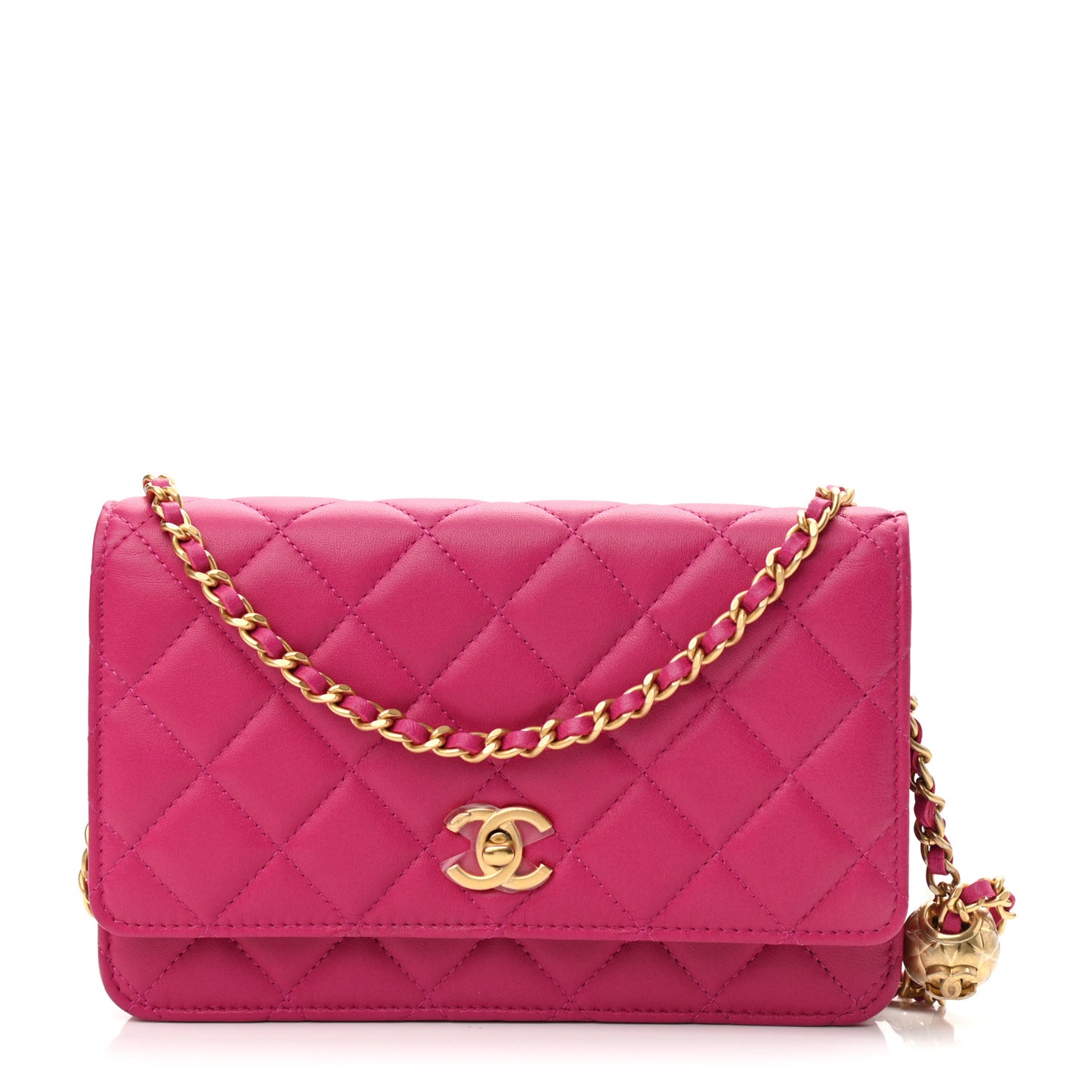 Lambskin Quilted CC Pearl Crush Wallet on Chain WOC Dark Pink