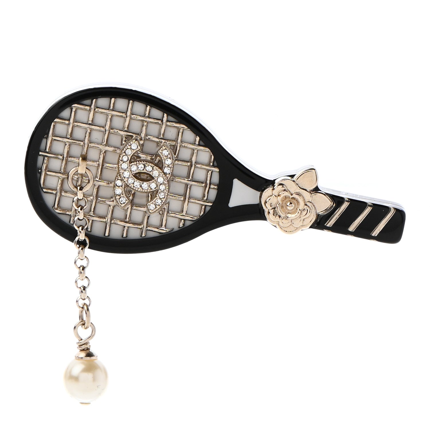 Chanel Pearl Strass Resin Crystal CC Tennis Racket Brooch Gold Black Pearly White 1 of 5