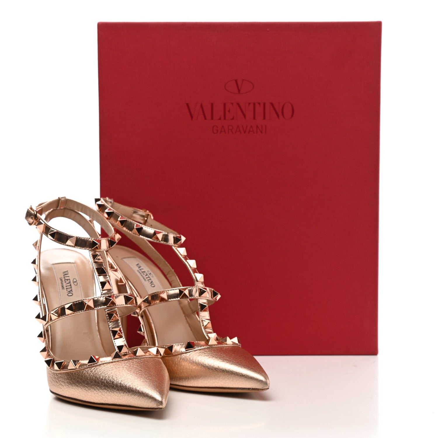 Valentino Garavani Metallic Pebbled Calfskin Rockstud Ankle Strap 100mm Pumps 36.5 Rame 12 of 12