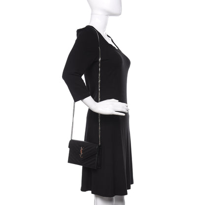 Saint Laurent Grain De Poudre Matelasse Chevron Monogram Envelope Chain Wallet Black 2 of 10