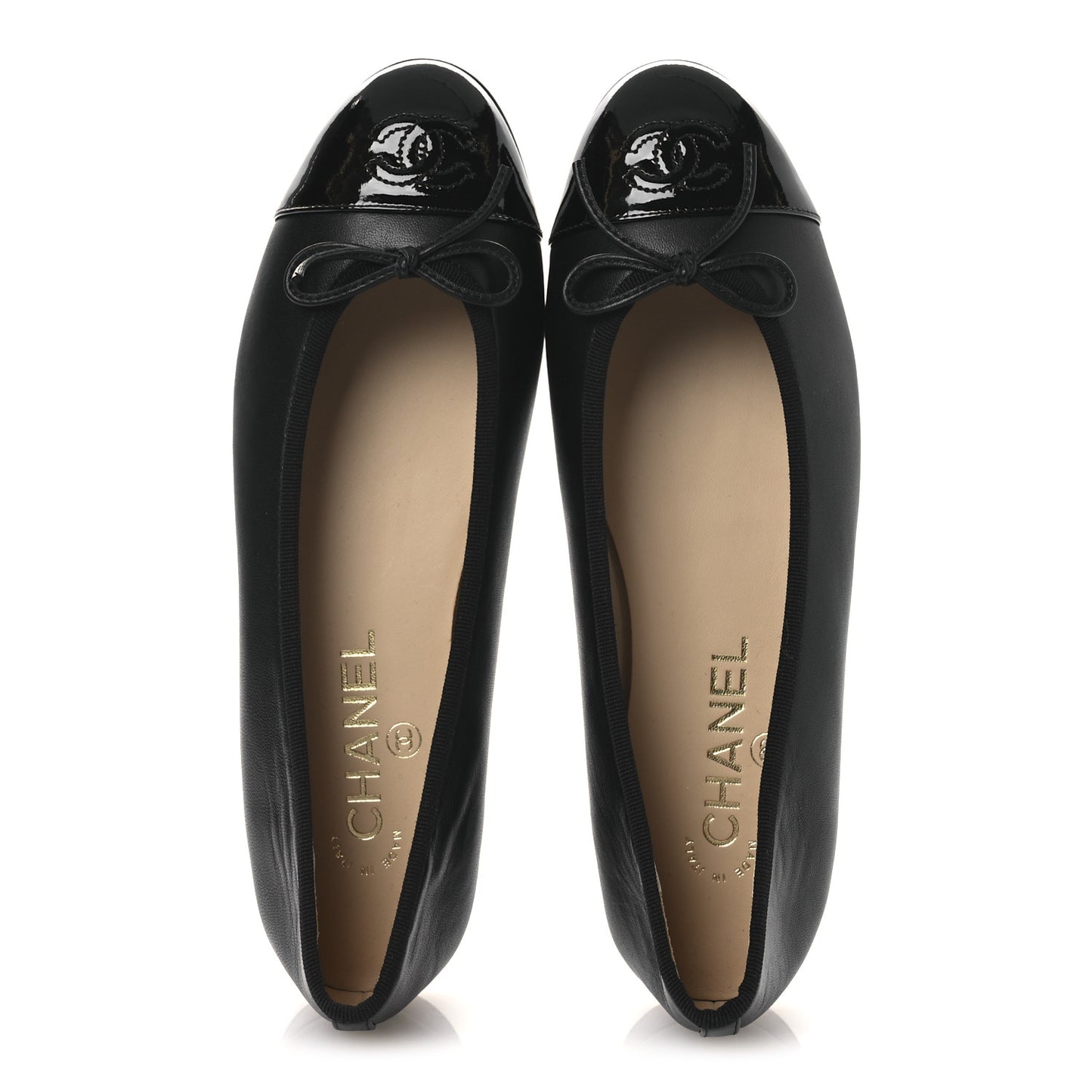 Lambskin Patent Cap Toe Ballerina Flats 38 Black