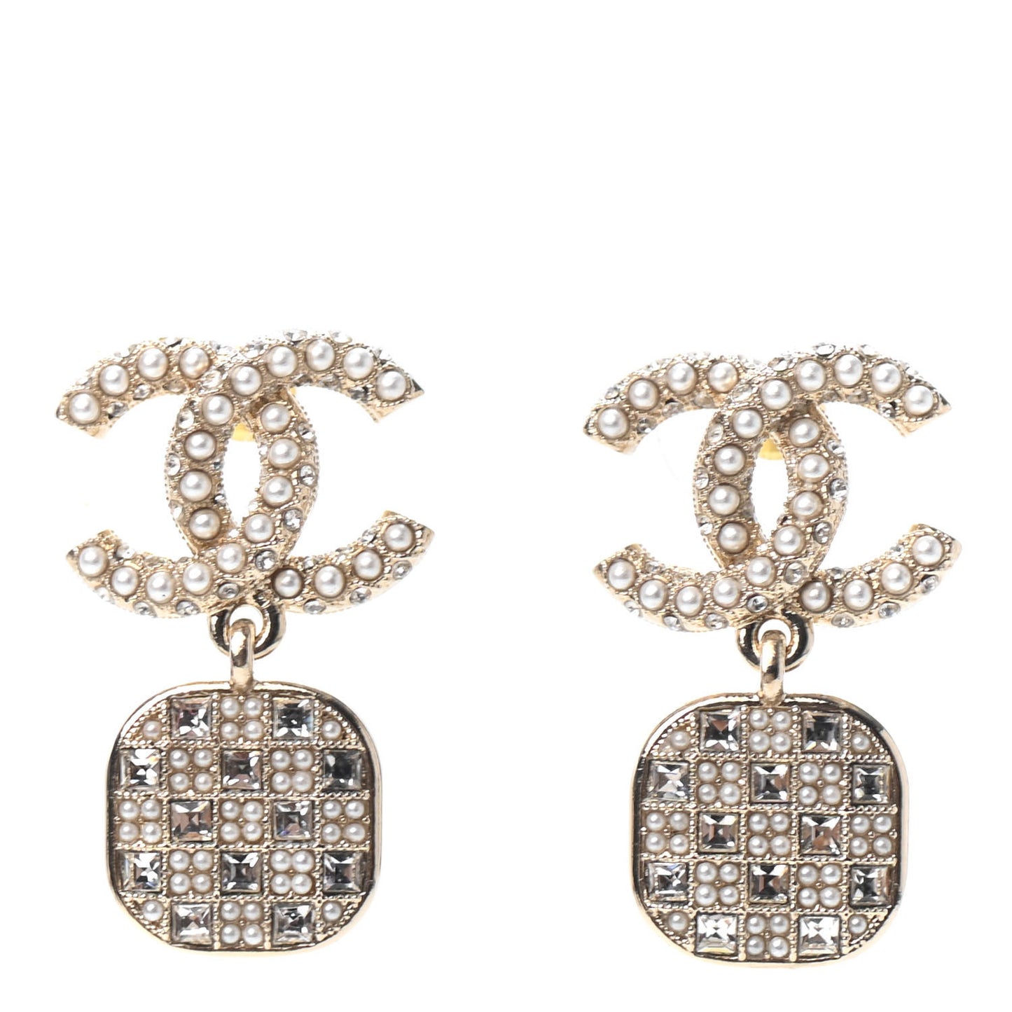 Crystal Pearl CC Drop Earrings Gold