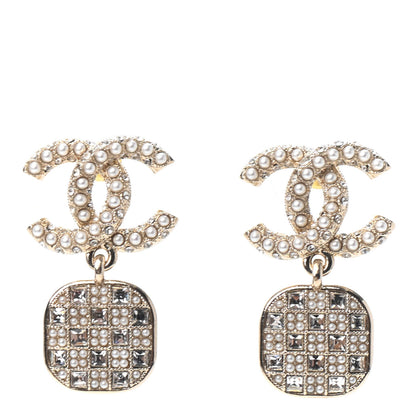 Chanel Crystal Pearl CC Drop Earrings Gold 1 of 4