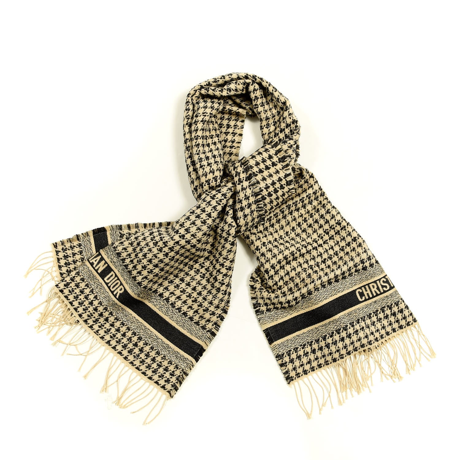 Christian Dior Wool Silk Houndstooth Fringe Scarf Beige Black 1 of 3
