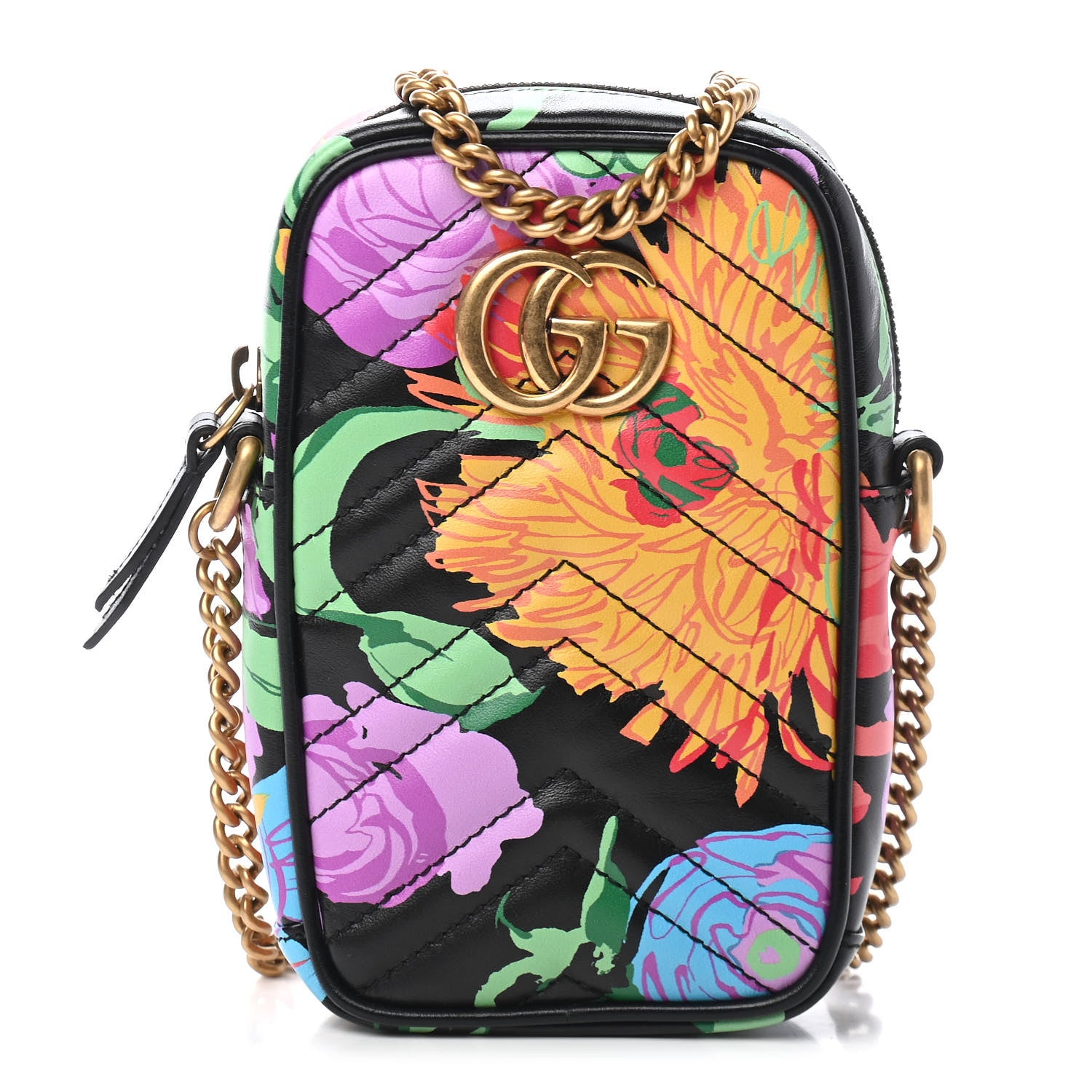 Gucci X KEN SCOTT Calfskin Matelasse Floral Infinity Mini GG Marmont Crossbody Bag Black Pink 1 of 8