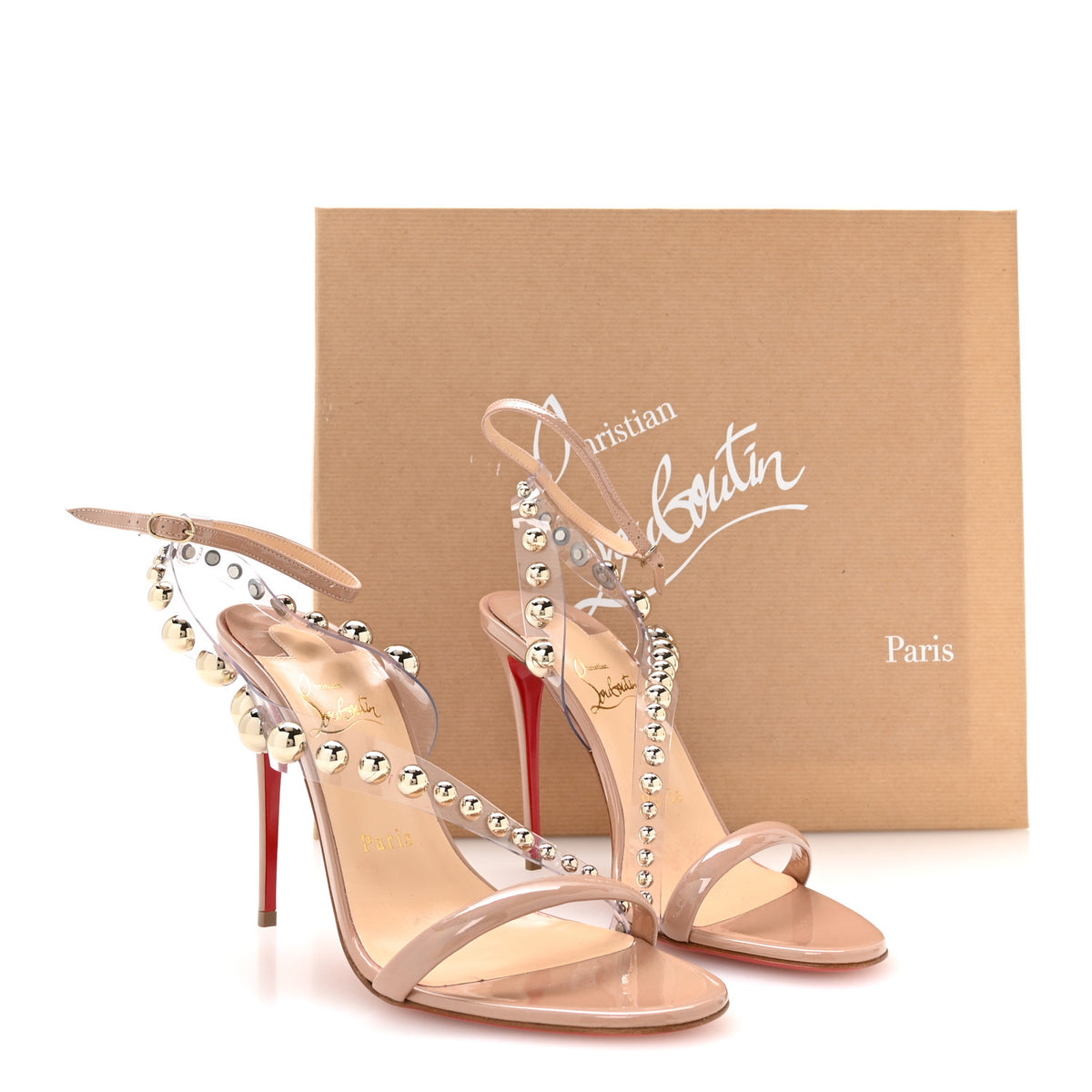 Christian Louboutin Patent After Sun PVC Corinetta 100 Sandals 38 Nude White Gold 8 of 8